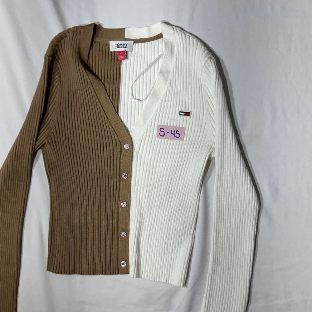 Tommy Jeans Two-Tone Ribbed Knit Button-Up  Size S Cardigan In White & Brown - Picture 10 of 10
